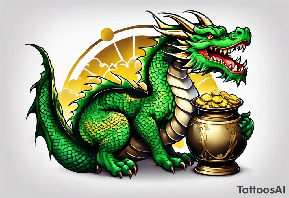Green dragon holding a pot of gold tattoo idea