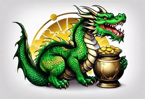 Green dragon holding a pot of gold tattoo idea