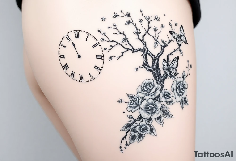 a big clock, big poisoned tree, big and small roses, big and small butterflies tattoo idea