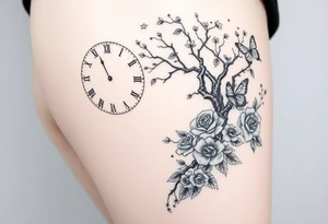 a big clock, big poisoned tree, big and small roses, big and small butterflies tattoo idea