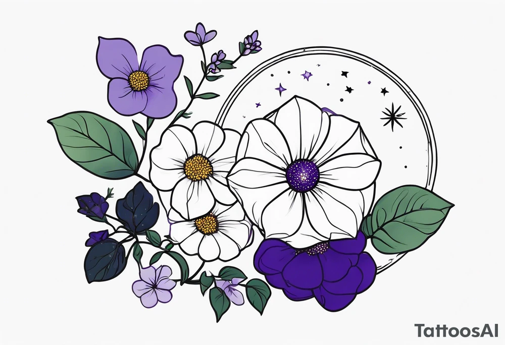 Heliotrope flower
name “Samson” in cursive
 The moon phase with stars tattoo idea