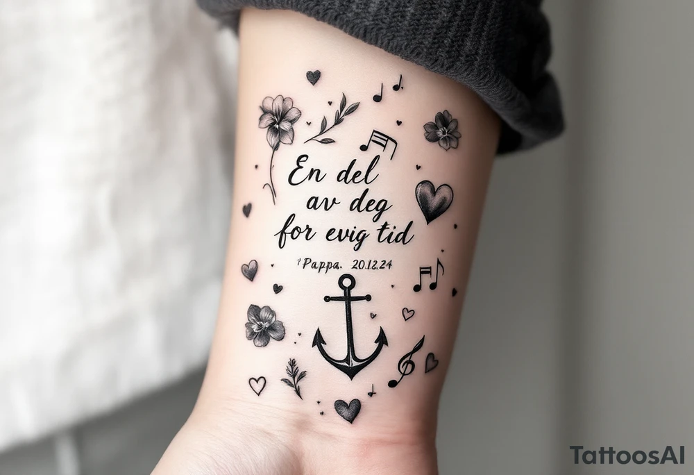 make a quote that says "En del av deg for evig tid" "Pappa, 20.12.24" Surrounded by gladiolus, music notes, hearts and an anchor tattoo idea