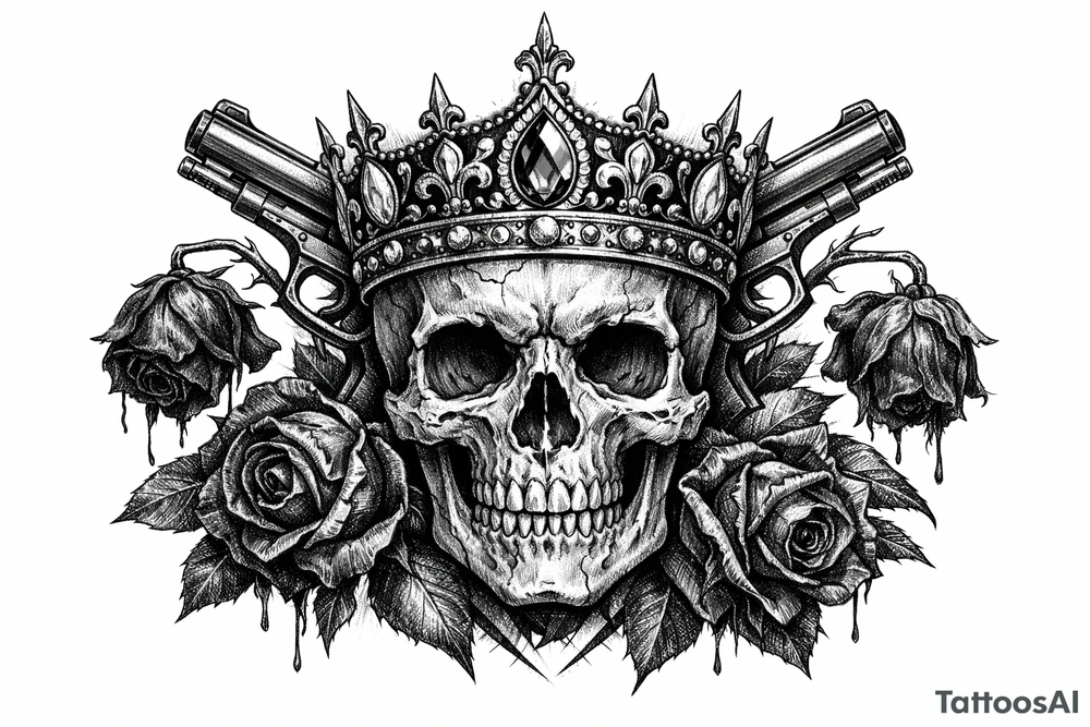 Close-up gothic skull with jeweled crown, pistols, and wilting dark red roses. tattoo idea