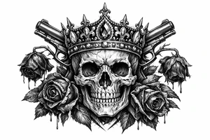 Close-up gothic skull with jeweled crown, pistols, and wilting dark red roses. tattoo idea