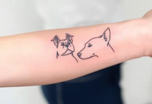 outline of pitbull ears, next to the outline of austrailian cattle dog ears, as both dogs look off into the sunset tattoo idea