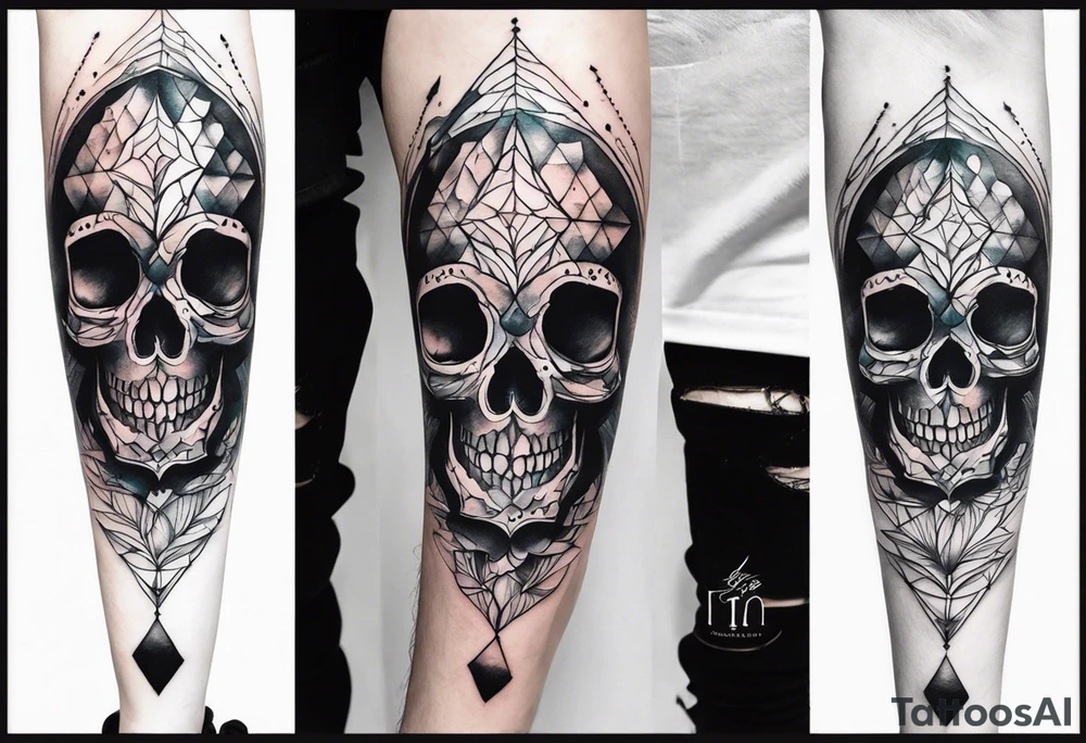 knee tattoo with skull and water colors and shapes tattoo idea