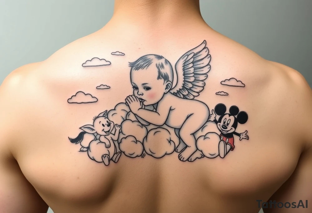 Babyboy with angel wings crawling to clouds and heavens gate surrounded by Disney characters winnie the poo, piglet, eeyor, baby mickey and baby minnie mouse as babies arm sleeve tattoo idea