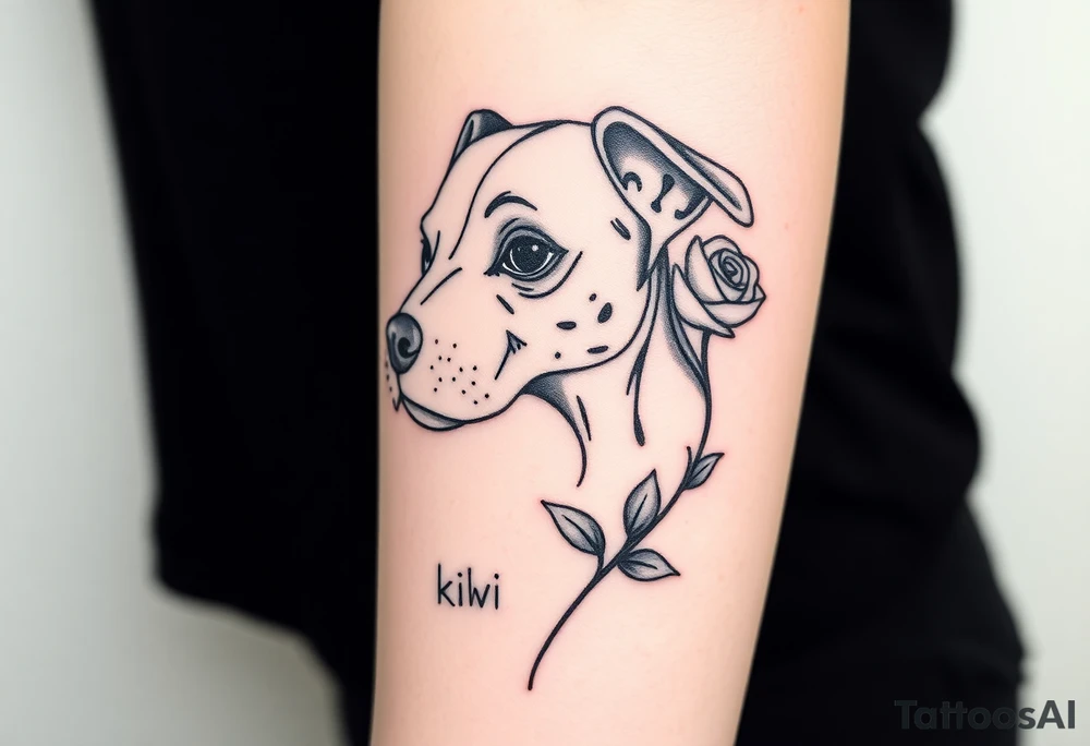 Half dead half alive zombie Brindle dog with the name kiwi . And a tiny rose tattoo idea