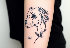 Half dead half alive zombie Brindle dog with the name kiwi . And a tiny rose tattoo idea