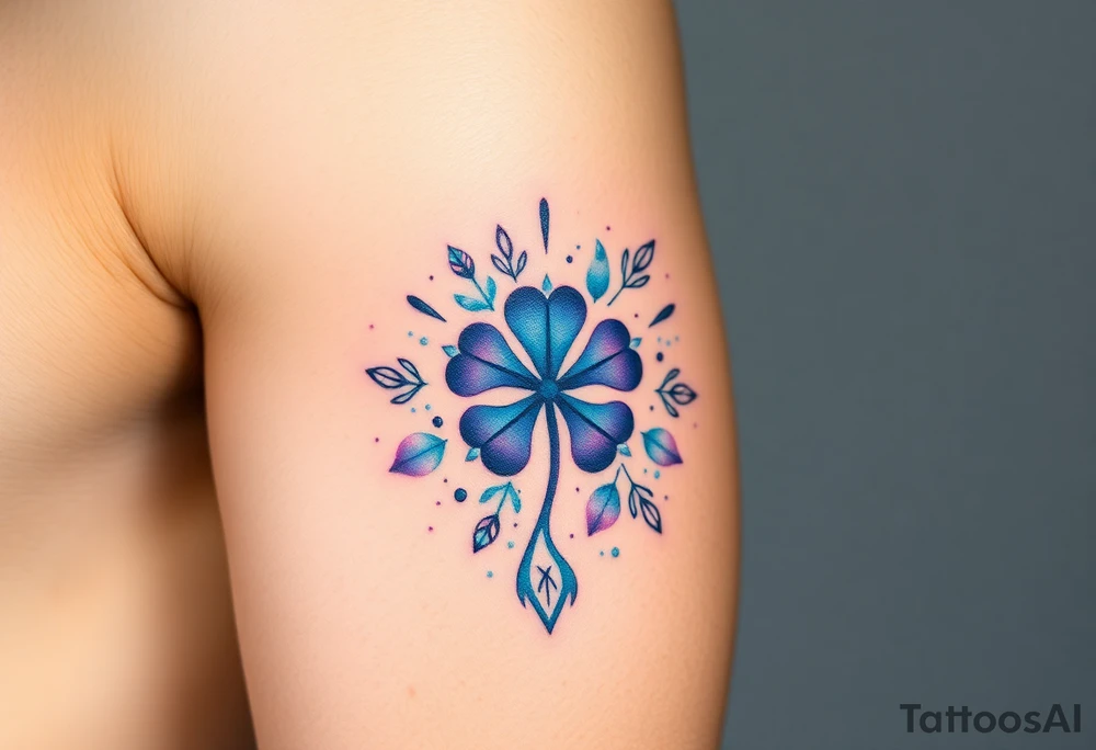 Luck symbol surrounded by positive things with blue and purple main colors tattoo idea