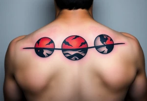 three horizontal planets. Color Black and red with more black tattoo idea