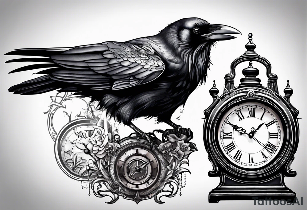 raven perched on clock tattoo idea