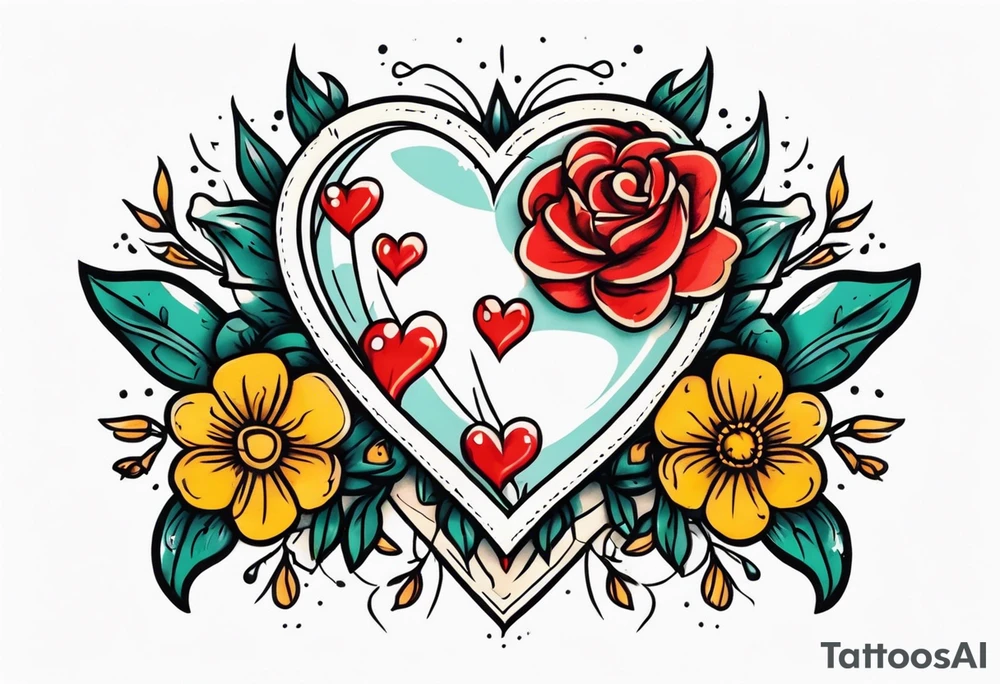 heart traditonal vintage tattoo colorful with flowers and banner tattoo idea