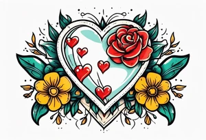 heart traditonal vintage tattoo colorful with flowers and banner tattoo idea