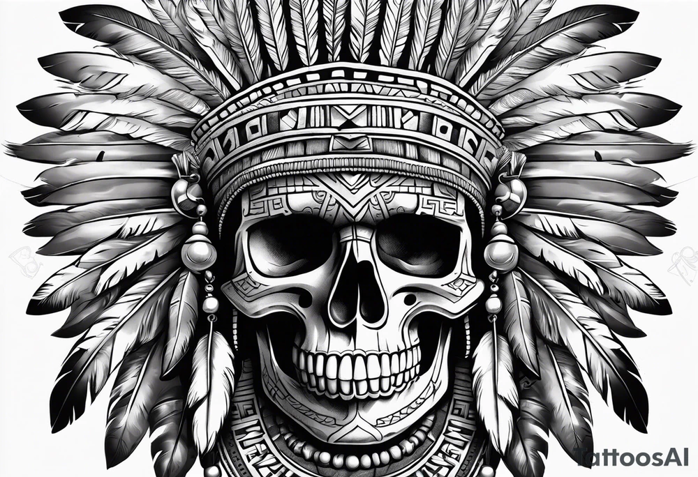 aztec style skull with large feathers surrounding head tattoo idea