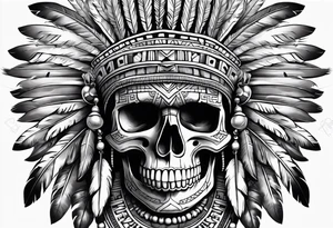 aztec style skull with large feathers surrounding head tattoo idea