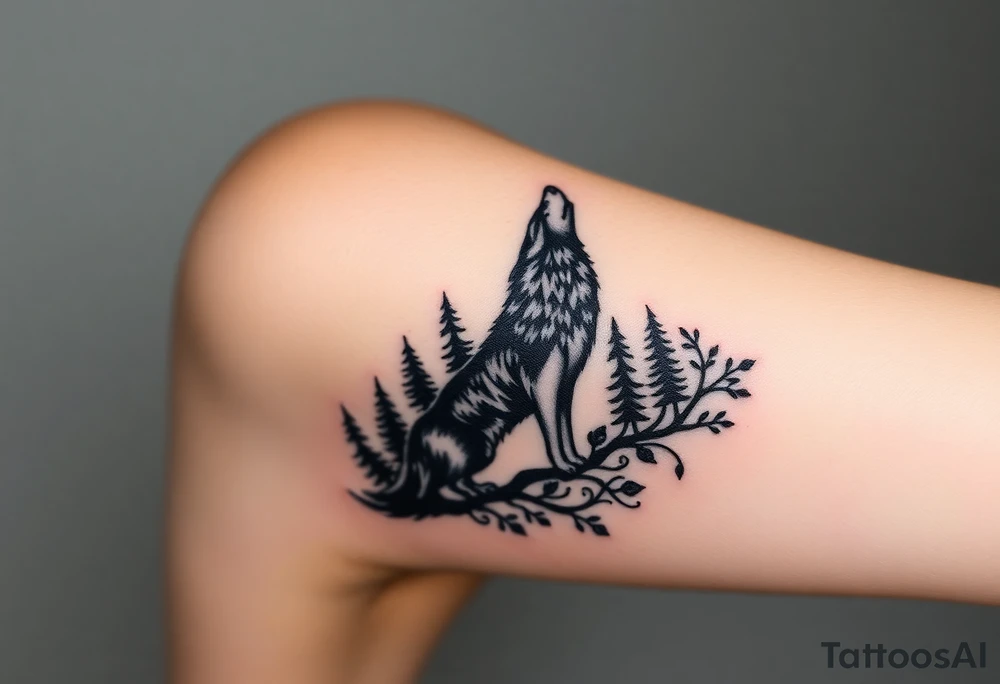Lone wolf howling at the moon in the forest in the night tattoo idea