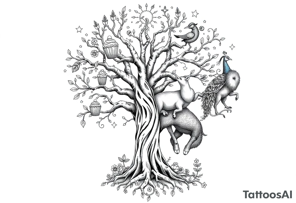 mystical tree of life with cosmic roots and celestial branches fat naked sexy woman , peacock , pig , cupcakes, liquor, cigerette, Storm clouds, pig, peacock , fat sexy naked fat woman, cupcakes, noose , money, goat lion, couple having sex, cigerette storm lightening, killing, darkness death, violent majestic creatures and fat naked girl tattoo idea