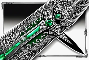 An athame dagger with an oak hilt turned upright and emerald gemstones on it tattoo idea