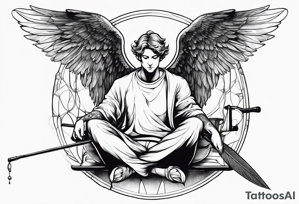 male angel with wings and a halo sitting peacefully with fishing rod tattoo idea