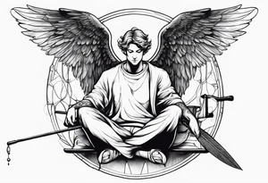 male angel with wings and a halo sitting peacefully with fishing rod tattoo idea