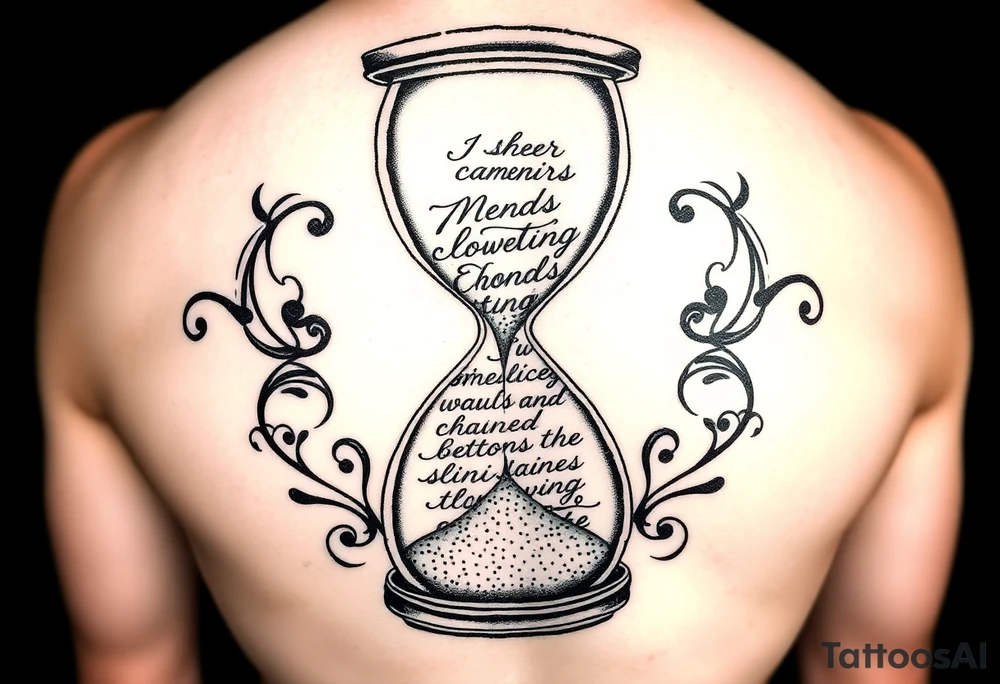 "Create a highly detailed, artistic black-and-gray tattoo design of an hourglass. Inside the hourglass, instead of sand, use a flowing handwritten text to represent the sand falling from the upper chamber to the lower one. The text should look like it is pouring down naturally, almost dissolving into grains as it falls. The hourglass should have an elegant, slightly worn look — symbolizing the passage of time — with some ornamental flourishes around it (optional). The text should be legible but integrated into the design, giving the impression that words are literally turning into sand as time passes." tattoo idea
