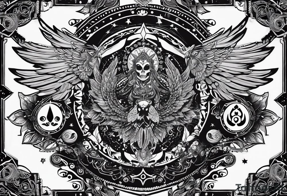 black kali, goddess pirate, alien, angel, pachamama, valkrye, warrior, flying, skull, lotus azul, wing, eagle, zenza resonance, stars, 5D, anahata chakra, death tattoo idea