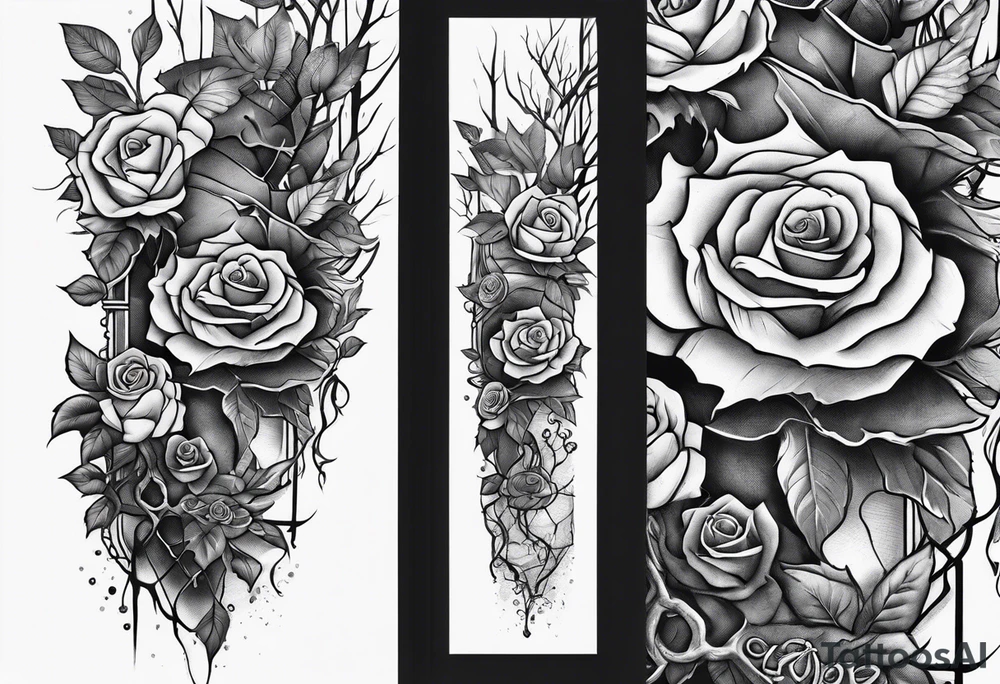 tattoo fool sleeve, old broken gothic home, broken sword, tree roots break out of the chains, roses tattoo idea