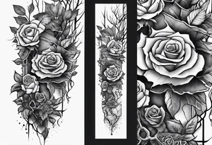 tattoo fool sleeve, old broken gothic home, broken sword, tree roots break out of the chains, roses tattoo idea