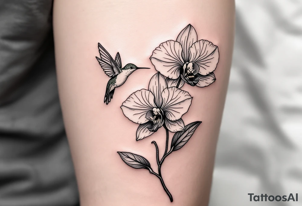 A delicate, black and white fine-line tattoo for male, featuring gracefully detailed 2 orchids in full bloom including their stems, with soft, intricate petals and elegant curves. Beside it, a hummingbird hovers mid-flight, its wings drawn with subtle motion lines, its slender beak reaching toward the orchid’s center to drink its nectar. on the other flower there is a bee that is resting tattoo idea