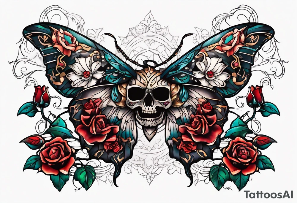 Moth with skull inside it and thorns and roses around it tattoo idea