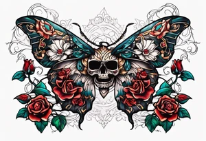 Moth with skull inside it and thorns and roses around it tattoo idea