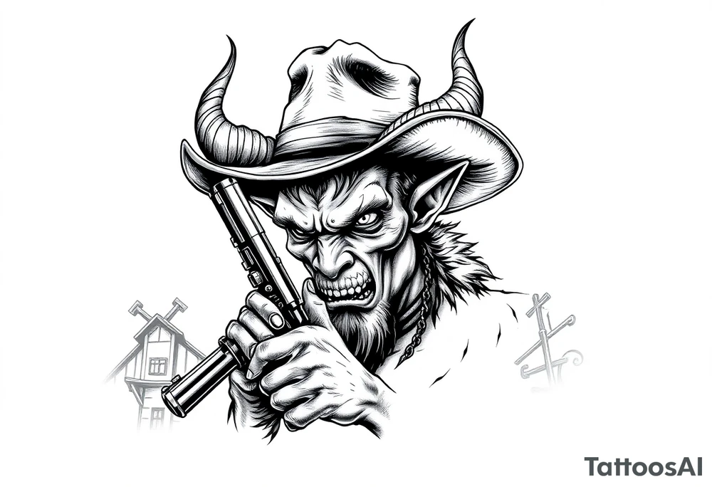 a demon with cowboy-hat ,a gun in a hand, old buildings in the background. tattoo idea