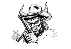 a demon with cowboy-hat ,a gun in a hand, old buildings in the background. tattoo idea