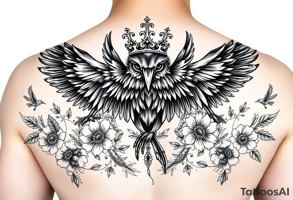 powerful majestic ravens with a crown, surrounded by floral ornaments and birds tattoo idea