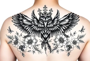 powerful majestic ravens with a crown, surrounded by floral ornaments and birds tattoo idea