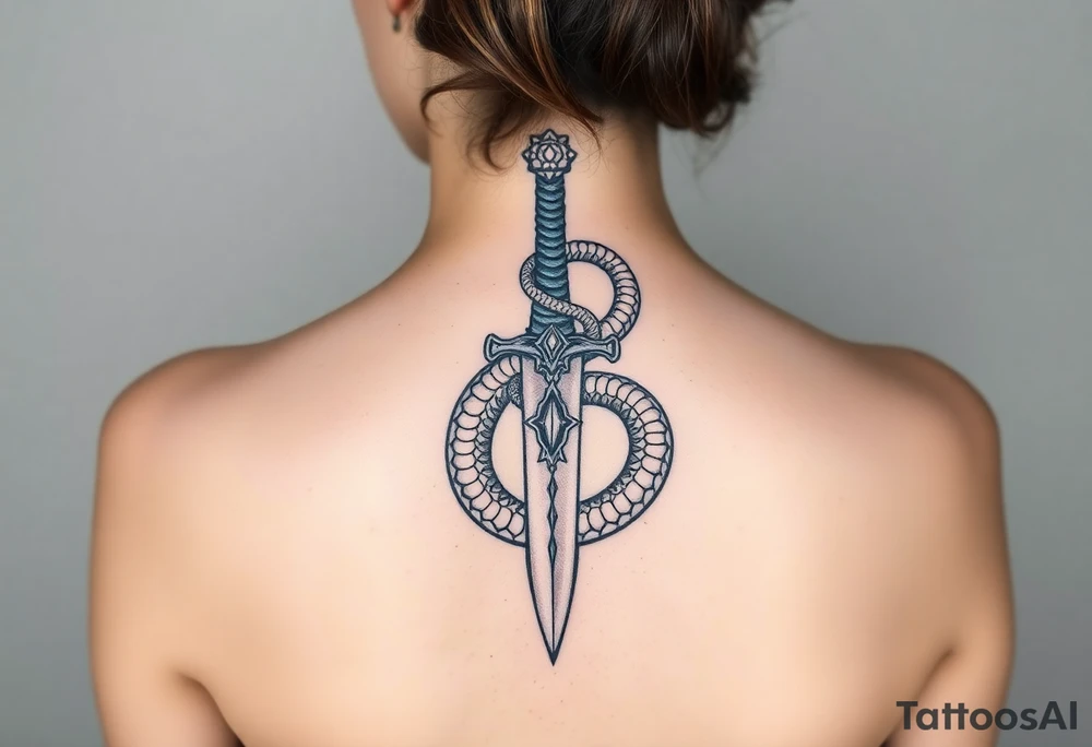 mystical snake coiled around an ancient dagger with jeweled hilt tattoo idea