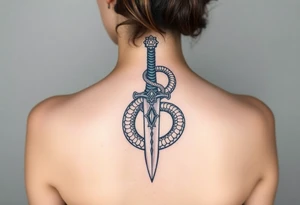 mystical snake coiled around an ancient dagger with jeweled hilt tattoo idea