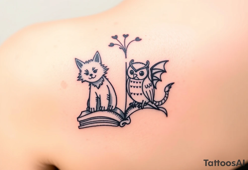 An open book with a werewolf, an owl & a dragon tattoo idea