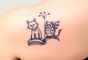 An open book with a werewolf, an owl & a dragon tattoo idea