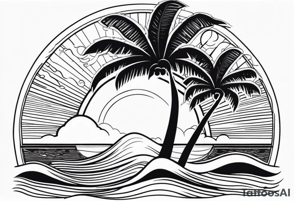 palm tree front of a sun and waves tattoo idea