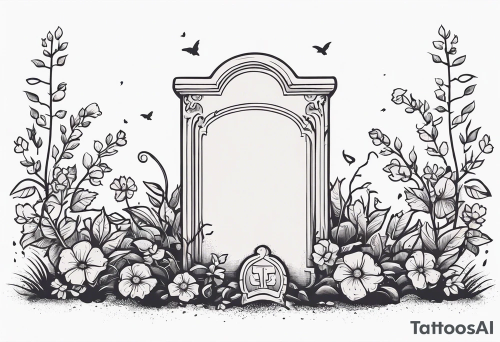 gravestone, gravestone has vines and flowers on it, skeleton hand coming out of the ground, the gravestone says “i’ll crawl home to her tattoo idea