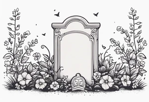 gravestone, gravestone has vines and flowers on it, skeleton hand coming out of the ground, the gravestone says “i’ll crawl home to her tattoo idea