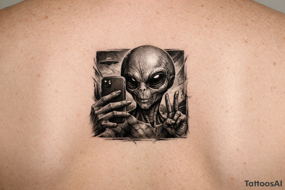 Alien taking a selfie tattoo idea