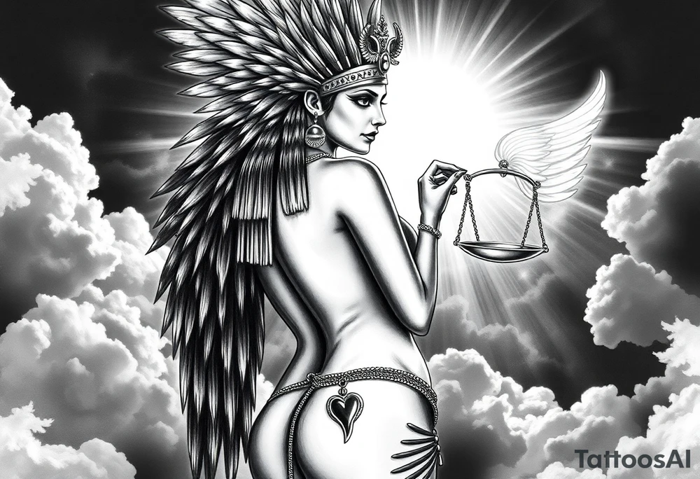 Sexy Egyptian goddess with a curvy body, slightly turned So you can see her ass. She is wearing an ostrich feather headdress, and intricate ancient Egyptian jewelry. Background includes something similar to heaven. Incorporate the Scales of Justice—one side holding a heart, the other Ma’at’s feather—glowing with ethereal energy. Emphasize dramatic lighting, deep shadows, and surreal, mystical atmosphere tattoo idea
