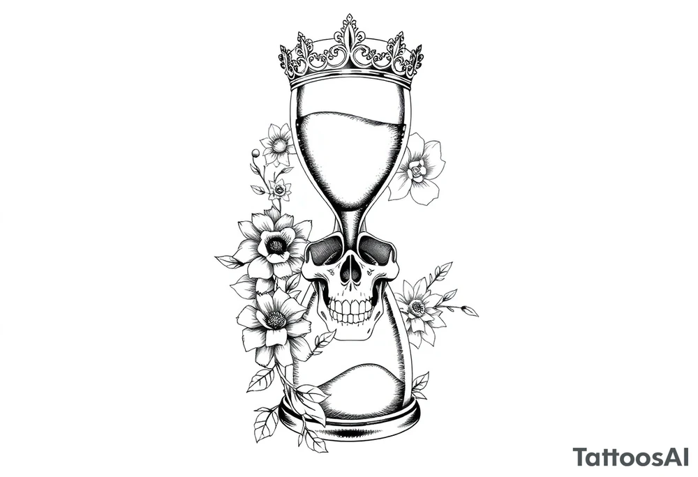 Hourglass with detailed beautiful gothic boho flowers on vine and skull with gorgeous crown tattoo idea