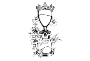 Hourglass with detailed beautiful gothic boho flowers on vine and skull with gorgeous crown tattoo idea