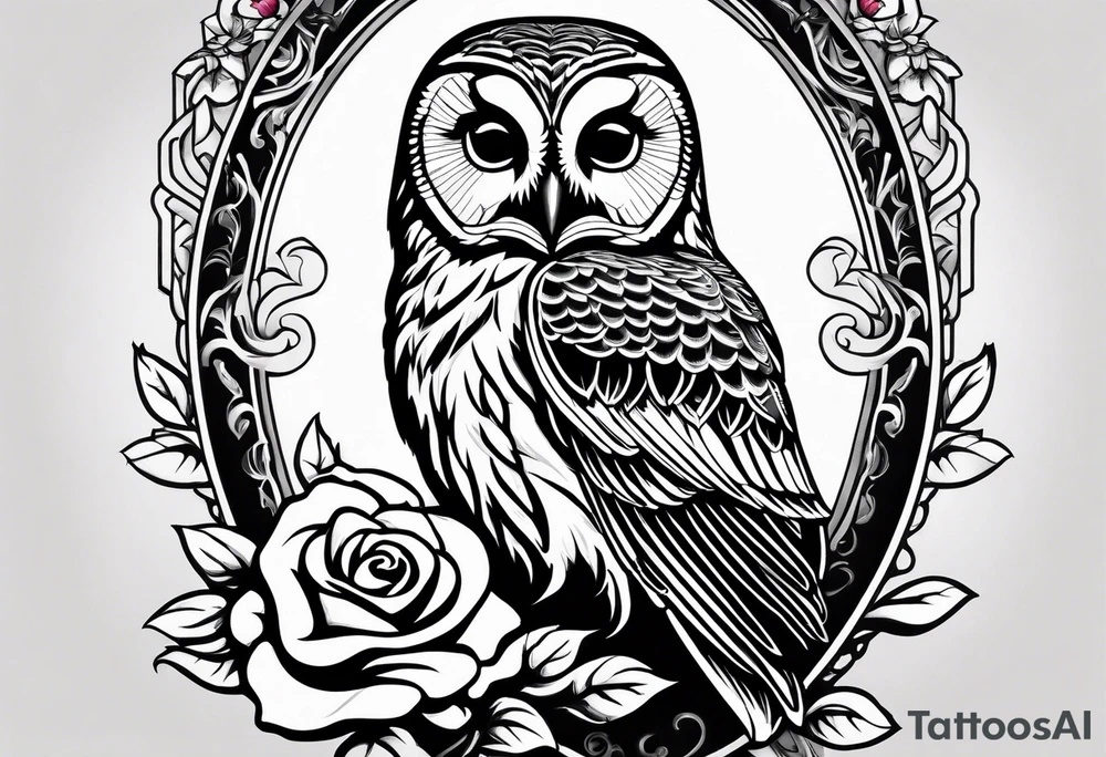 Barred owl with a single rose tattoo idea