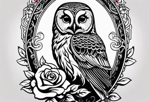 Barred owl with a single rose tattoo idea