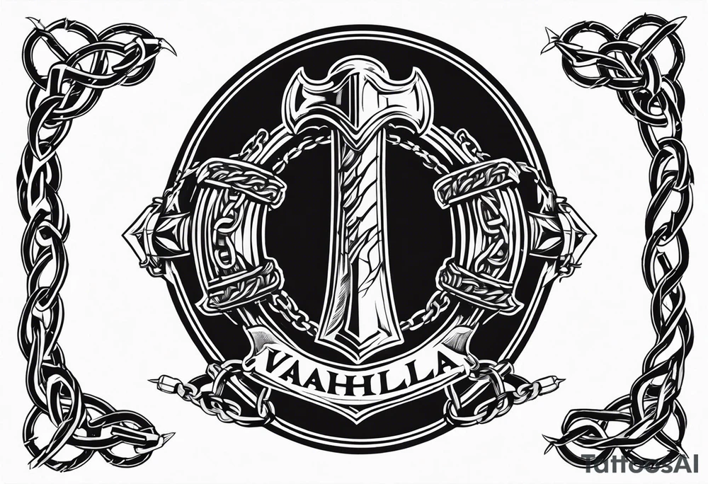 Valhalla sword round shield axe barbed wire chains tattoo idea